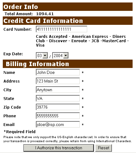 credit card billing information screen example
