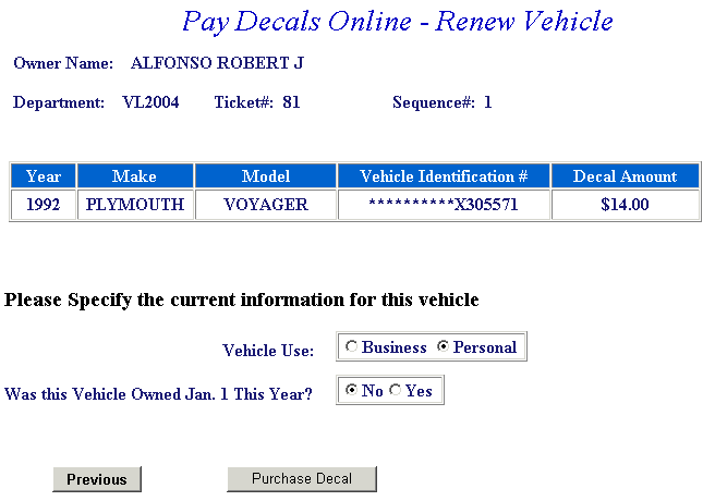 Vehicle information example screen