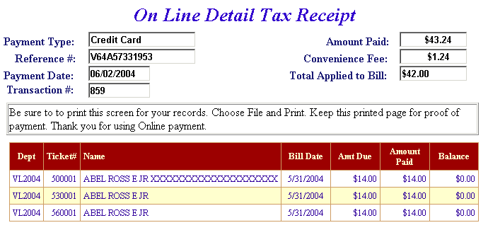 credit card receipt example screen