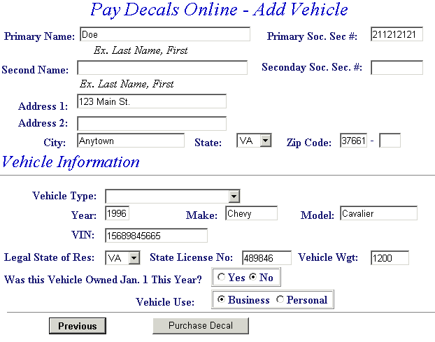 Owner and vehicle information example screen