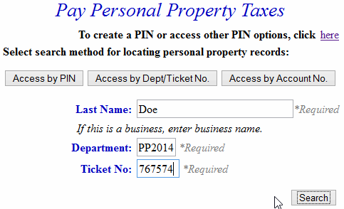 Search by department and ticket number example screen
